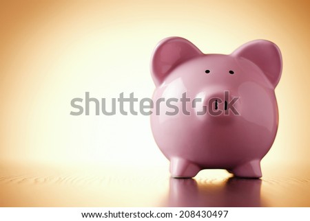 Close-up front view of a funny pink porcelain piggy bank, concept of savings and financial profit