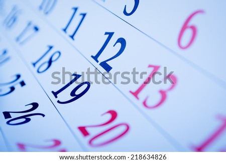 Blank calendar with squares viewed obliquely with focus to the dates