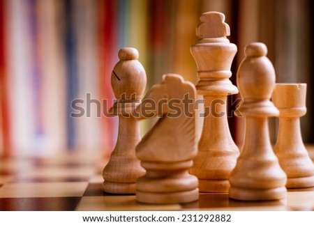 Close up Light Brown Wooden Chess Pieces - King, Bishops, Rock and Knight, Standing on Chess Board.