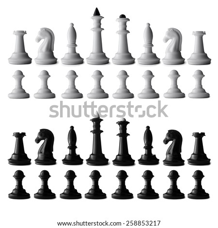 Full black and white chess set isolated on white with all the chess pieces neatly arranged in rows