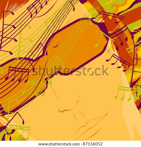 A man listens to music on headphones. Abstraction with notes.