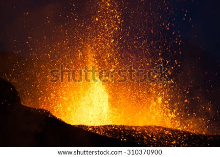 Volcano Eruption in Iceland, Fimmvorduhals. This eruption is between Eyjafjallajokull and Myrdalsjokull. Iceland 30 march 2010
