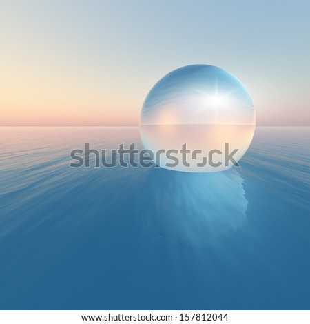crystal sphere floating on the ocean under a clear sky.