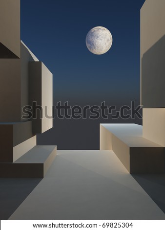 an abstract illustration of a framed stage background with full moon.
