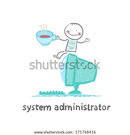 system administrator at the computer drinking coffee