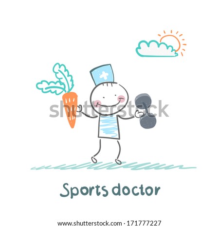 Sports doctor offers a carrot and holding dumbbells