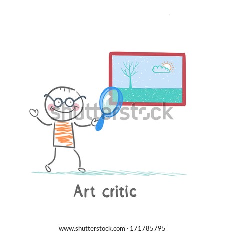 Art critic looks at the picture of a magnifying glass