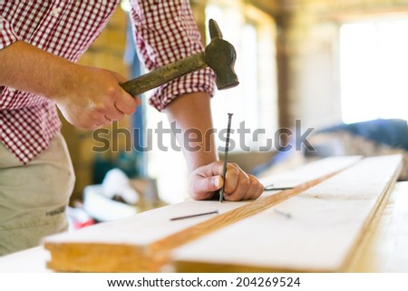 Builder\'s hands hammering nail into wood