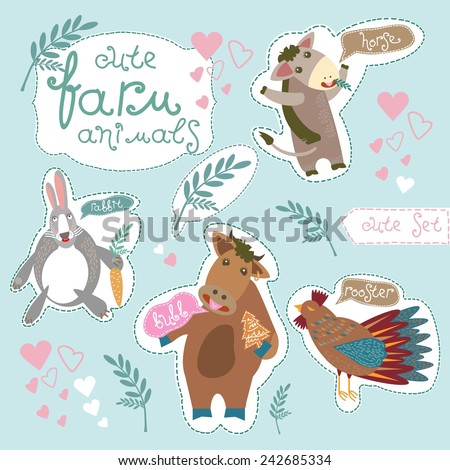 Cute Farm Animals. Horse, rooster, bull (ox), and rabbit. Vector. Set. Illustration.