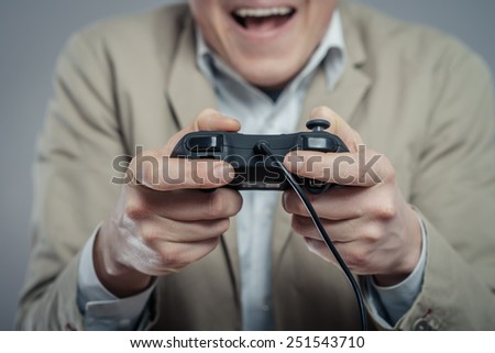 Emotional office clerk games with joystick on a gray background