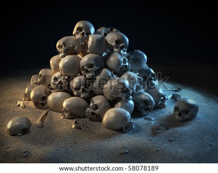 stock photo pile of skulls in the dark