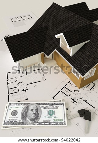 3d render of a house on blueprints with stack of money and keys