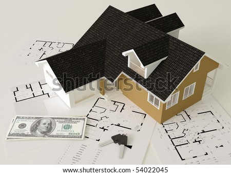 3d render of a house on blueprints with stack of money and keys