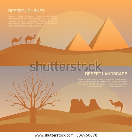 Vector illustration of landscape in Egypt desert, morning sunrise with camel train, convoy, caravan.  Scenic view of desert with nature pyramid, trees, sky, mountains and wild nature.