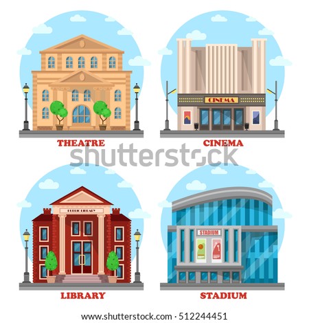 Cinema building, library architecture, athlete stadium construction, theater structure. Facade of culture and sport center. City houses exterior view, entertaining and learn, soccer theme