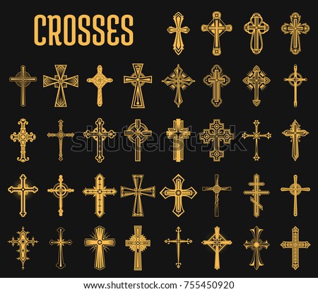 Crosses of christian religion. Set of isolated orthodoxy and catholicism divine symbols in shape of cross, Jesus Christ and God, faith sign. Church and pray, religion and resurrection, believe theme