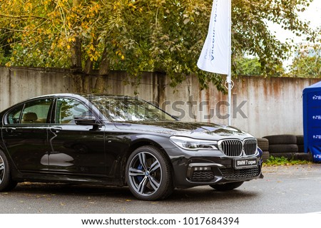 Saint-Petersburg, Russia - September 16, 2017: Cars BMW 7-series for rally car lovers German Bavarian manufacturer BMW. Event BMW Meetup. Autumn meeting car lovers of speed and drive