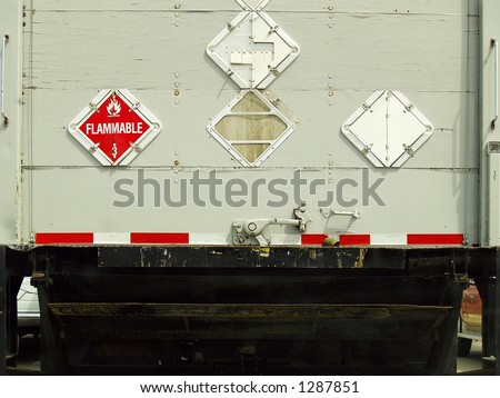 Rear view of a large industrial cargo truck with \