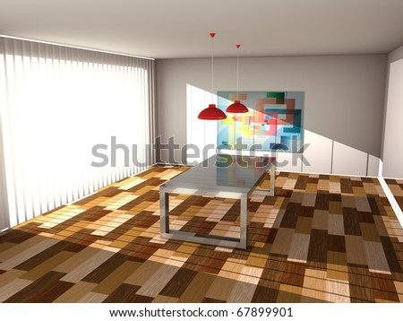 room with laminate floor, a large metal table, mirror on the wall, painting and window through which shine bright beams of light. 3d computer modeling