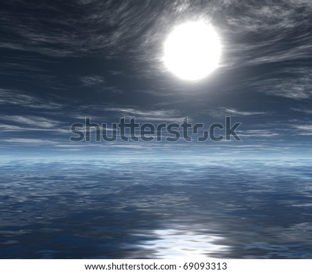 Marine landscape with clouds and bright sun. 3d computer modeling