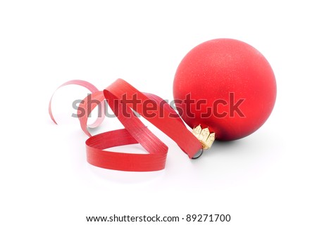 Red Christmas bulb with red tape decorations - isolated on white