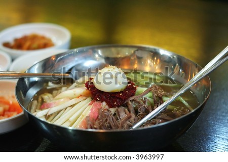 Traditional Korean cuisine dish of cold noodle soup