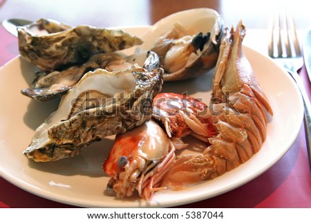 Assorted fresh seafood on a plate oyster clam shrimp scampi