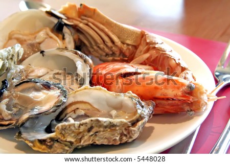 Assorted fresh seafood on a plate oyster clam shrimp scampi