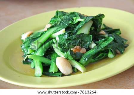Plate of fried green leafy vegetables Asian cuisine
