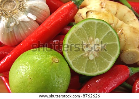 Red chillis, garlic, ginger and lime, typical ingredients for asian cooking
