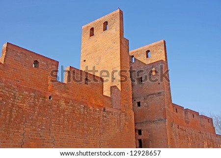 Ancient brick wall city defenses of midieval Warsaw