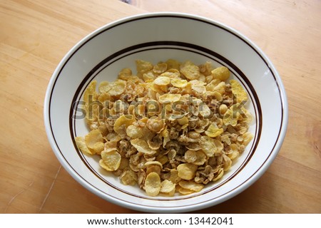 Closeup of breakfast cereal corn flakes with almonds