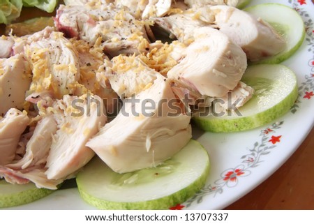 Chicken salad fresh chicken meat with sliced fresh vegetables