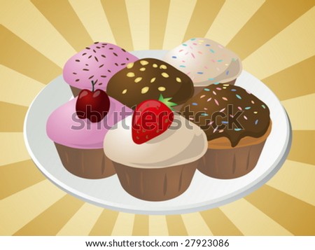 stock vector Fancy decorated assorted cupcakes illustration clip art