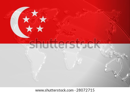 World Map Singapore. Flag of Singapore, national country symbol illustration with world map,