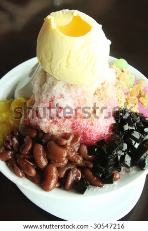 Traditional asian dessert of shaved ice with icecream
