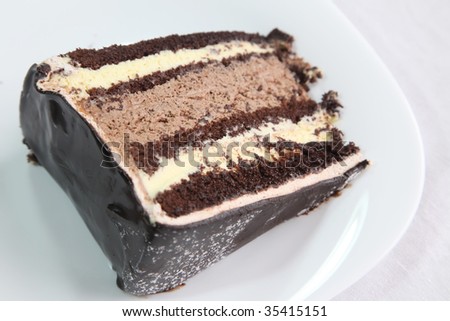 Chocolate fudge cake layered with icing and cream