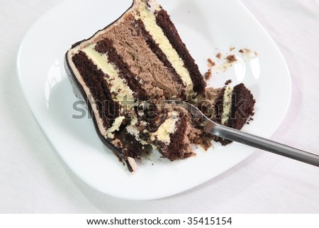 Chocolate fudge cake layered with icing and cream