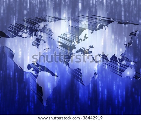 Modern world map with data transfer technology illustration