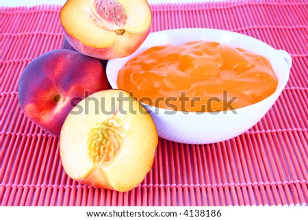 Peach jelly on white background in jar-desser