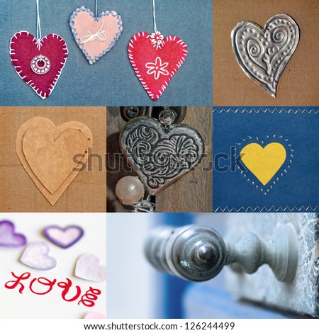 collage of hearts from different materials and the word \