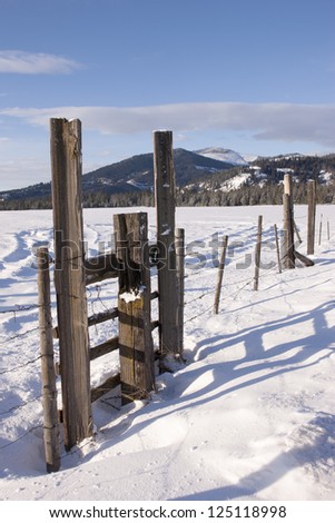 Fence and gate in winter field.