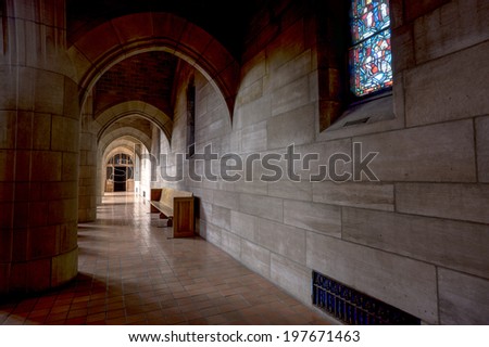 Spokane, Washington - May 20, 2014. The long hallway with stone arches inside St Johns church in Spokane, Washington.
