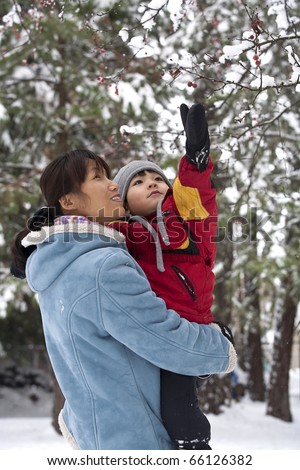 A boy being held by his mother reaches up for snow covered berries.