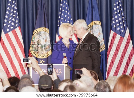 COEUR D’ARLENE, ID – FEB 23: Former speaker of the House and 2012 Presidential Candidate Newt Gingrich and his wife, Calista, speak to an enthusiastic crowd at the Coeur d\'Alene Inn, ID, Feb 23, 2012