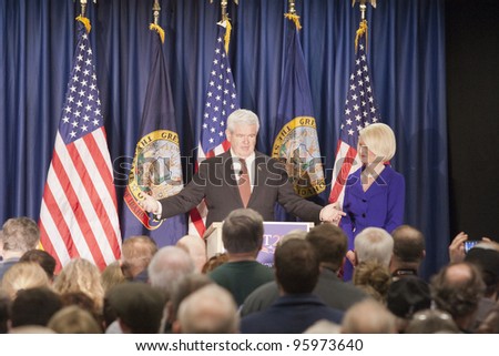 COEUR DâARLENE, ID â FEB 23: Former speaker of the House and 2012 Presidential Candidate Newt Gingrich and his wife, Calista, speak to an enthusiastic crowd at the Coeur d\'Alene Inn, ID, Feb 23, 2012