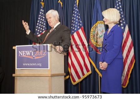 COEUR D’ARLENE, ID – FEB 23: Former speaker of the House and 2012 Presidential Candidate Newt Gingrich and his wife, Calista, speak to an enthusiastic crowd at the Coeur d\'Alene Inn, ID, Feb 23, 2012