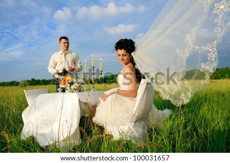 stock photo Bride and groom at wedding table on the field