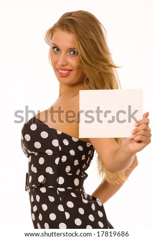 stock photo Beautiful young girl with great big breasts holding blank sign