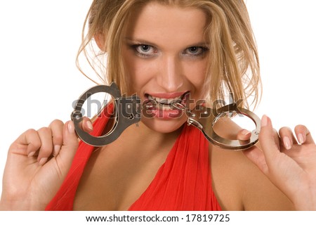 stock photo Hot natural blonde with handcuffs isolated on white